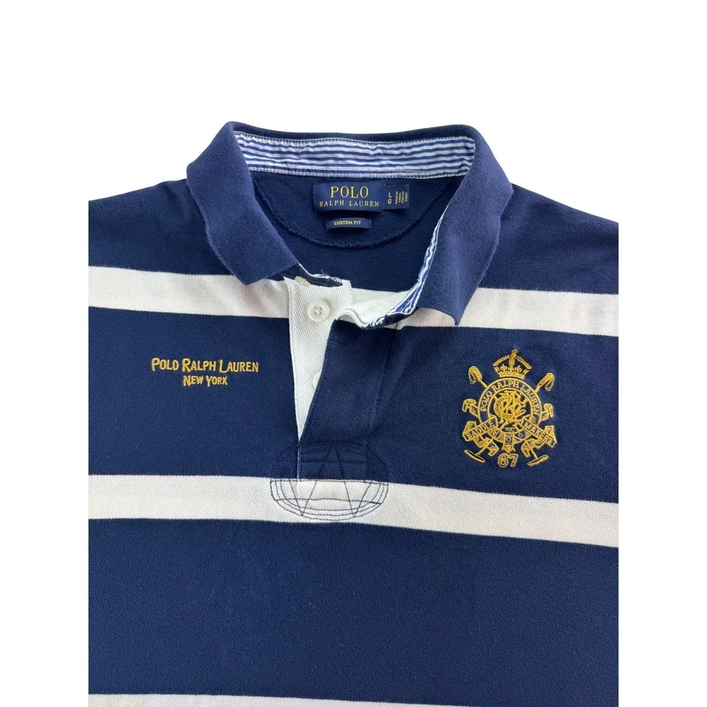 Polo Ralph Lauren Mens Custom Fit Striped Rugby Polo Shirt Navy White Sz LG Logo